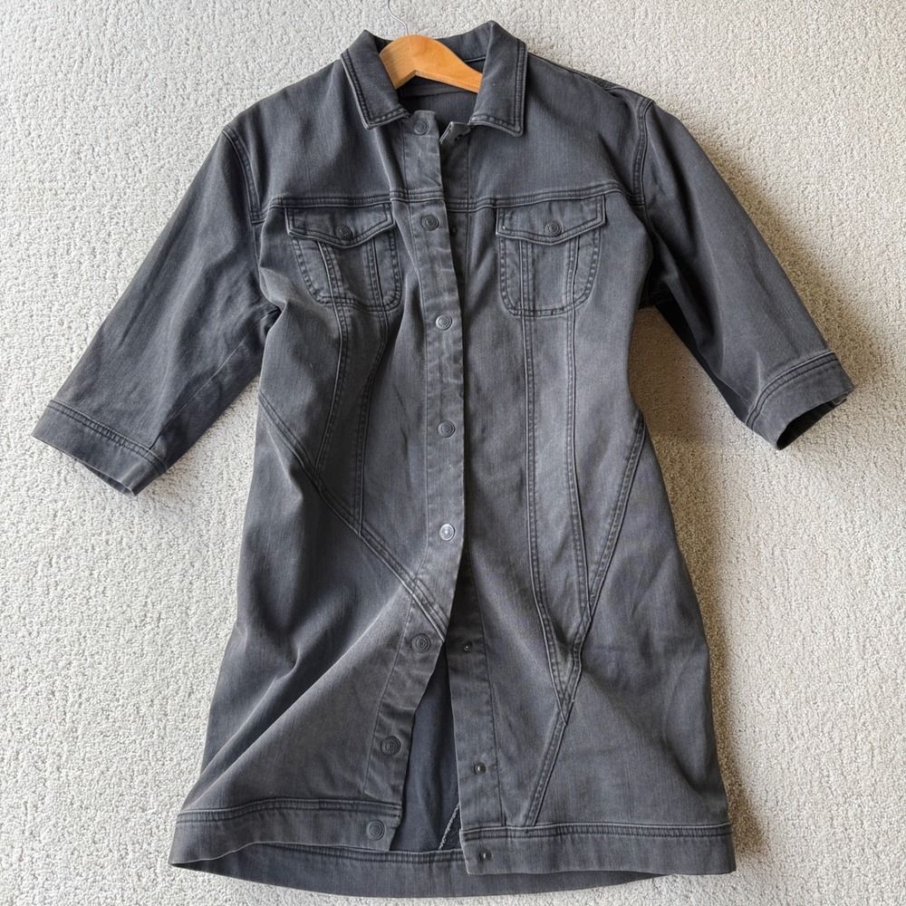 Won Hundred Gray Denim Shirt Dress Womens 40 Charcoal Black Snap Paneled